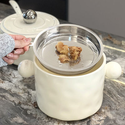 Double Handle Ceramic Bowl with Stainless Steel Lid and Microwaveable Feature 1000ml