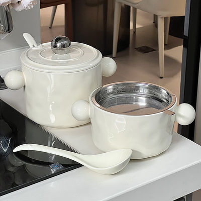 Double Handle Ceramic Bowl with Stainless Steel Lid and Microwaveable Feature 1000ml