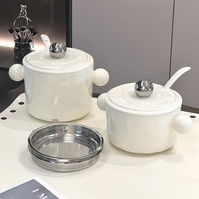 Double Handle Ceramic Bowl with Stainless Steel Lid and Microwaveable Feature 1000ml