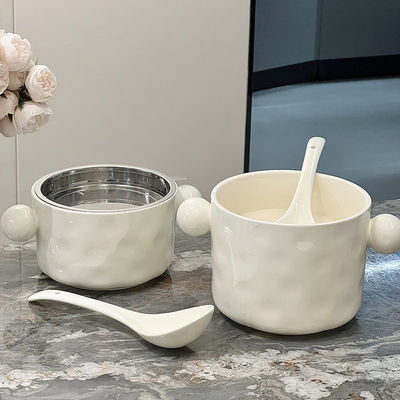 Double Handle Ceramic Bowl with Stainless Steel Lid and Microwaveable Feature 1000ml