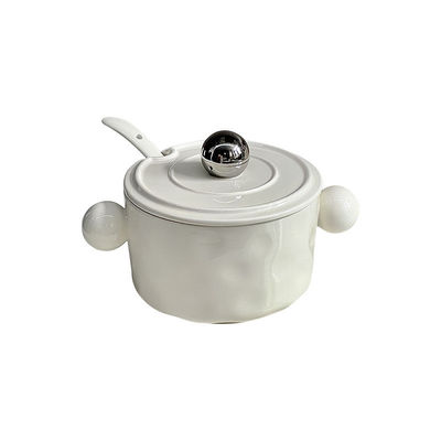 Double Handle Ceramic Bowl with Stainless Steel Lid and Microwaveable Feature 1000ml