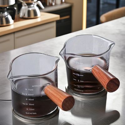 Double-Mouth Italian Walnut Glass Coffee Measuring Cup with Transparent Glass and Lid