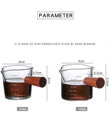 100ml Borosilicate Glass Coffee Measuring Cup with Double Spout Wooden Handle and Lid