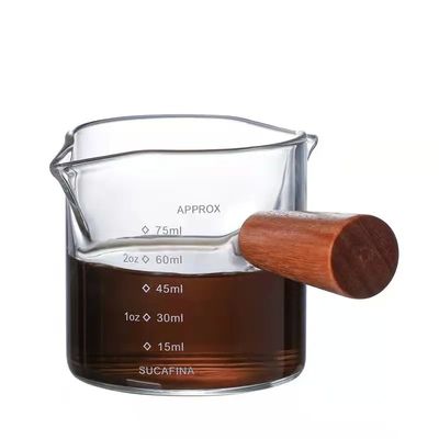 100ml Borosilicate Glass Coffee Measuring Cup with Double Spout Wooden Handle and Lid