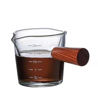100ml Borosilicate Glass Coffee Measuring Cup with Double Spout Wooden Handle and Lid