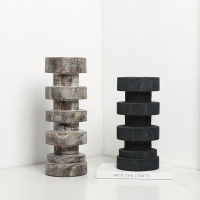 Wabi-sabi Style Ancient Wood Thread Candlestick Featuring Stone Candle for Home Decor