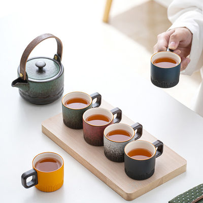 Ceramic Porcelain Coffee Cup Set with Wooden Handle and Gradient Glaze Customized Logo