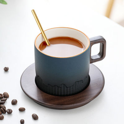 Wooden Handle Gradient Glaze Ceramic Cup for Japanese Traditional Style Coffee Tea Espresso Milk Gift Box Set Home