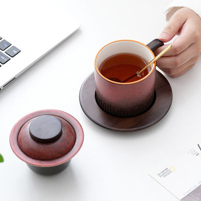 Wooden Handle Gradient Glaze Ceramic Cup for Japanese Traditional Style Coffee Tea Espresso Milk Gift Box Set Home