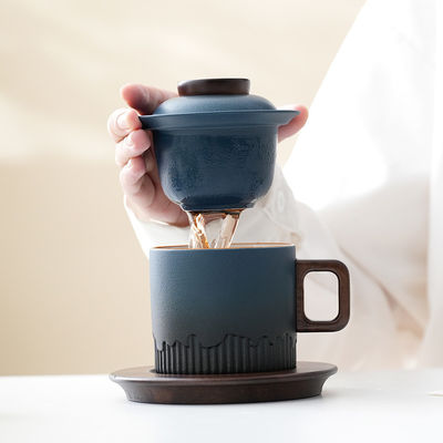 Wooden Handle Gradient Glaze Ceramic Cup for Japanese Traditional Style Coffee Tea Espresso Milk Gift Box Set Home