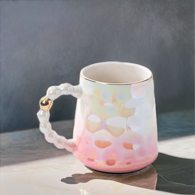 Modern and Eye-catching Trendy Shell Design Pink Pearl Ceramic Mug with Bamboo Saucer
