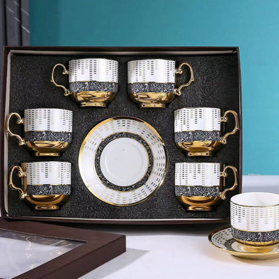 6-Piece Ceramic Tableware Set for Coffee Tea and Cappuccino in Luxury Bamboo Gift Box