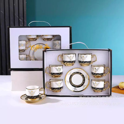 6-Piece Ceramic Tableware Set for Coffee Tea and Cappuccino in Luxury Bamboo Gift Box