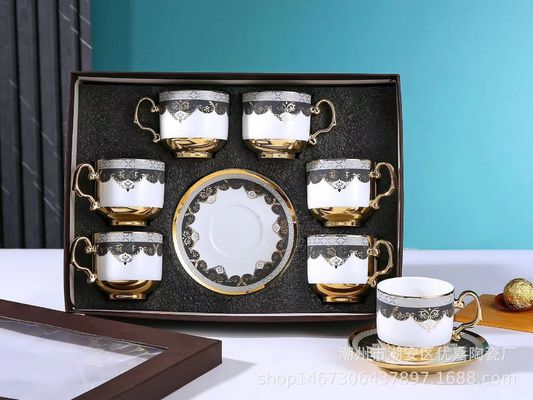 6-Piece Ceramic Tableware Set for Coffee Tea and Cappuccino in Luxury Bamboo Gift Box