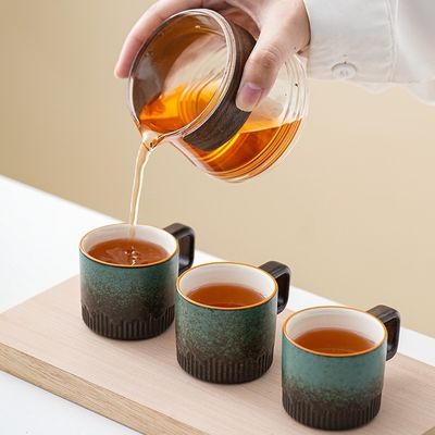 Stacked Coffee Cup with Wooden Handle and Spoon Set Rustic Nordic Style 50ml Ceramic Mug