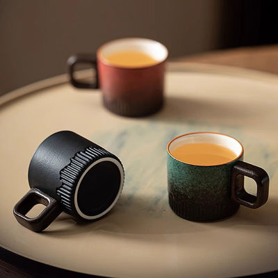 Stacked Coffee Cup with Wooden Handle and Spoon Set Rustic Nordic Style 50ml Ceramic Mug