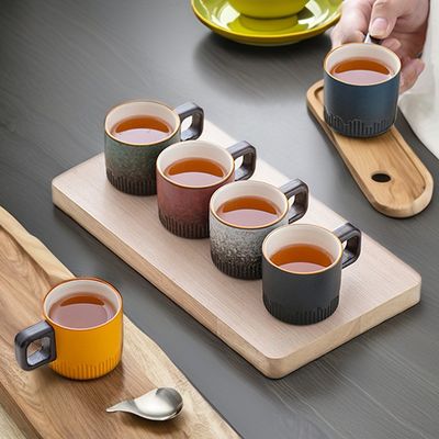Stackable Coffee Cup Spoon Nordic Style 50ml Country Design Ceramic Mug with Wooden Handle