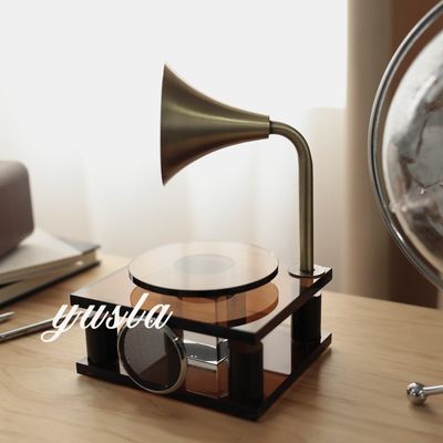 Art Deco Desktop Ornament Elegant Ash Crystal Retro Record Player with Abstract Engraved Design
