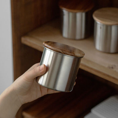 11/12/13/14cm Sizes Modern Design Stainless Steel Vacuum Storage Canister Wooden Lid for Coffee Beans Tea Cereal