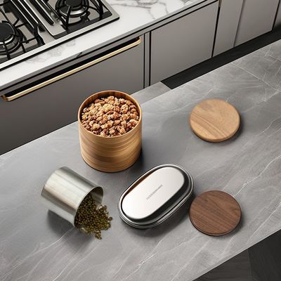 11/12/13/14cm Sizes Modern Design Stainless Steel Vacuum Storage Canister Wooden Lid for Coffee Beans Tea Cereal
