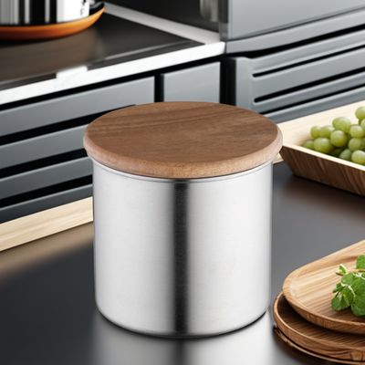 Wooden Lid Coffee Canister Customizable Stainless Steel Vacuum Sealed for Kitchen Storage 8*7.5cm