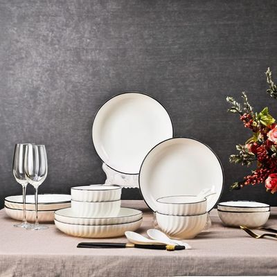 Hotel Restaurant Tableware Set in White Porcelain with Black Rim and Soup Dish Spoons
