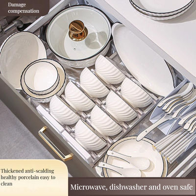 Dinnersets Elegant Ceramic White Porcelain Bowl Plate Set with Black Rim and Soup Dish