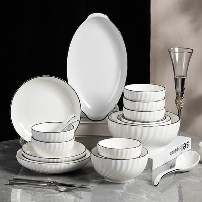 Dinnersets Elegant Ceramic White Porcelain Bowl Plate Set with Black Rim and Soup Dish