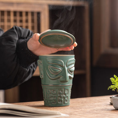 Customized Logo Acceptable End Sanxingdui Large Capacity Ceramic Mug with Lid and Spoon