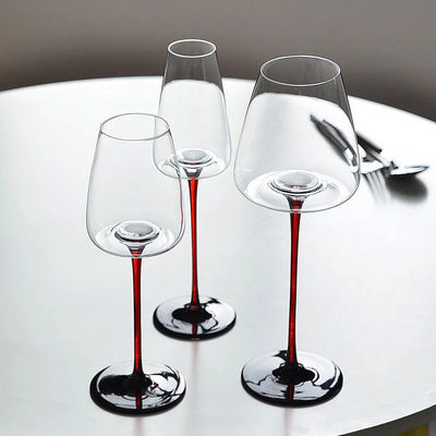 Unique Hand Blown Red Wine Glass Goblet with Waveform Bottom and Europe Design Style