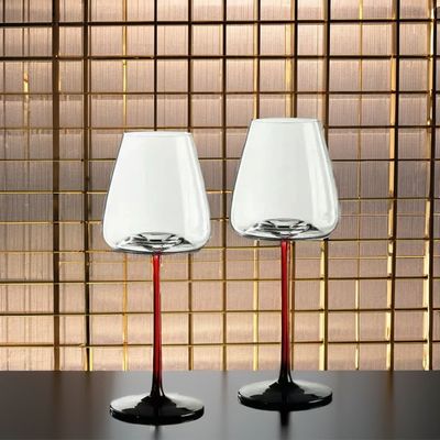 Unique Hand Blown Red Wine Glass Goblet with Waveform Bottom and Europe Design Style