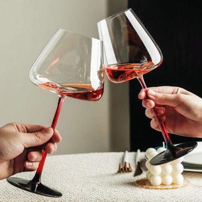Unique Hand Blown Red Wine Glass Goblet with Waveform Bottom and Europe Design Style