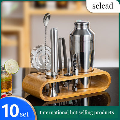 Professional Cocktail Mixer Kit 10-Piece Shaker Set with Metal Bar Tools Bamboo Stand