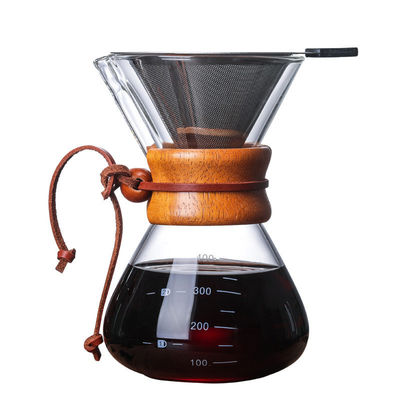 Stocked Classic Series 1-3 Cup Wood Neck Pour-Over Maker 6-Cup Natural Coffee Filter Glass Pour Tea Set