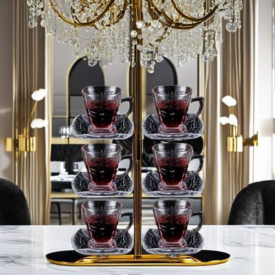 Classic Design Coffee Tea Sets Transparent Glass Cup Saucer Set with Pattern Handles