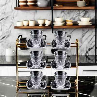 Classic Design Coffee Tea Sets Transparent Glass Cup Saucer Set with Pattern Handles
