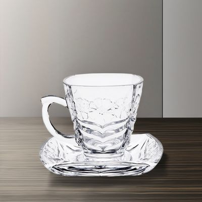 Classic Design Coffee Tea Sets Transparent Glass Cup Saucer Set with Pattern Handles