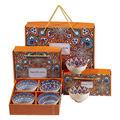 Exquisite Bohemian Design Ceramic Bowl Set of 4 in Gift Box with Plate and Chopsticks