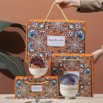 Exquisite Bohemian Design Ceramic Bowl Set of 4 in Gift Box with Plate and Chopsticks