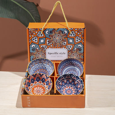 Exquisite Bohemian Design Ceramic Bowl Set of 4 in Gift Box with Plate and Chopsticks