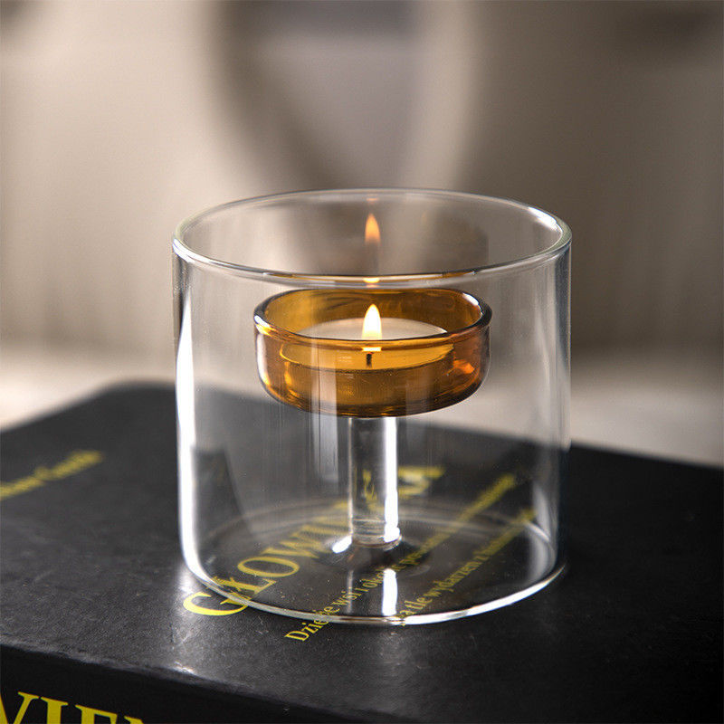 Clear Glass Candle Holder in Cylinder Shape for Romantic Home Decor and Table Settings