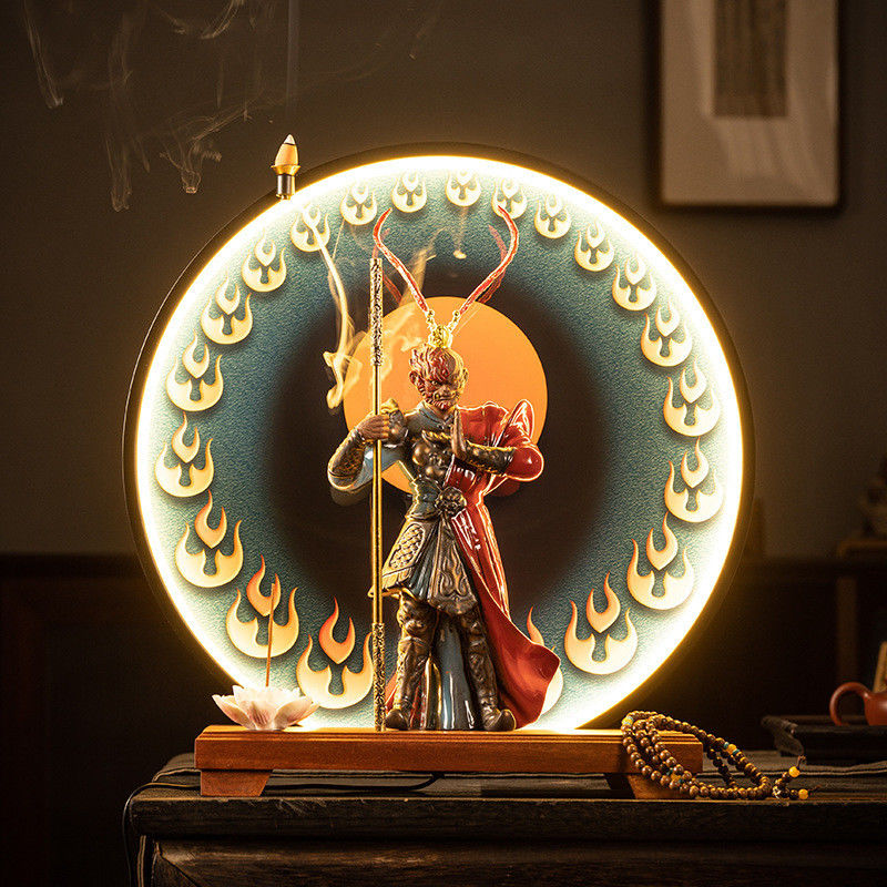 Indoor Decor Sculpture 2024 Black Ceramic Sun Wukong Incense Holder with LED Light