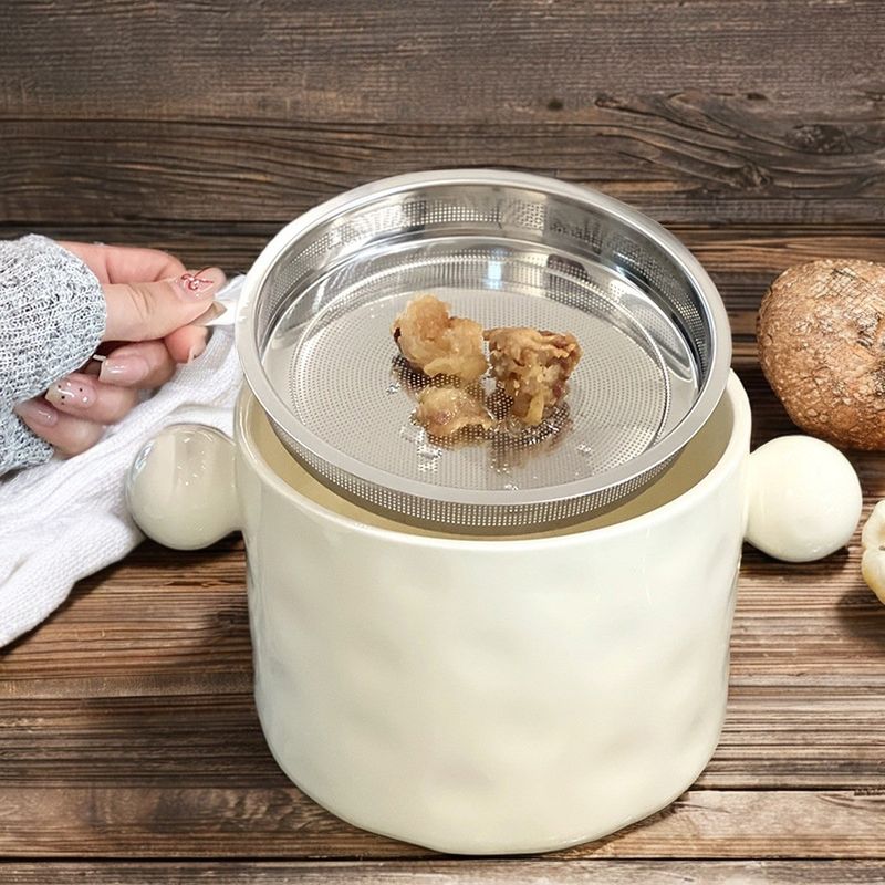 Stainless Steel Lid and Printed Features White Ceramic Noodle Bowl for Kitchen Storage