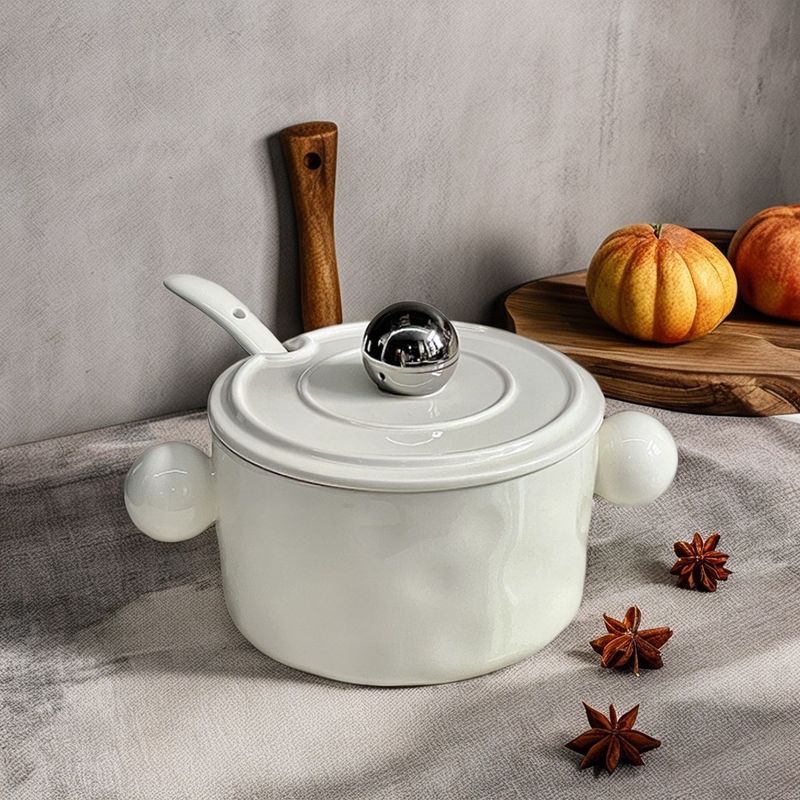 Stainless Steel Lid Ceramic Double Ear Bowl for Noodles and Soups Printed Food Container