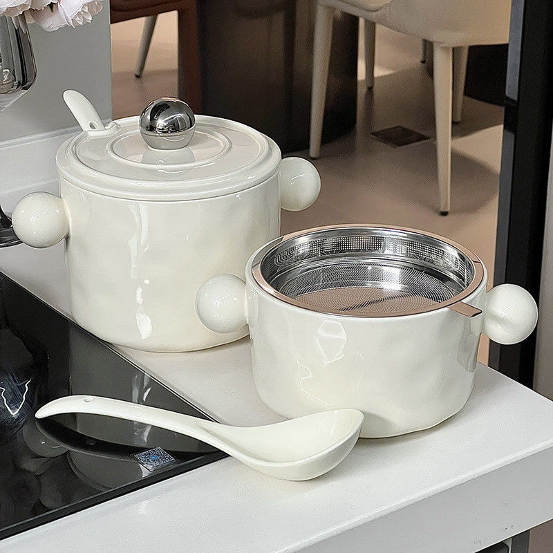 Printing Needs Double Ear Design White Heart-Shaped Ceramic Noodle Bowl with Stainless Steel Lid