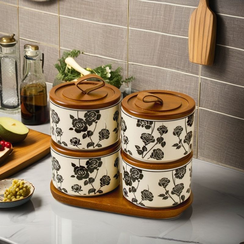 200ml Retro Floral Ceramic Storage Jar for Food Tea Sealed PC Design Dish and Bowl