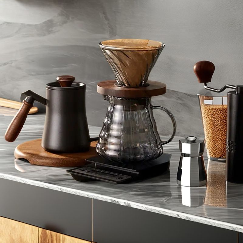 Transparent Borosilicate Glass Hand Filter Coffee Pot with Lid Stripe Sharing Feature