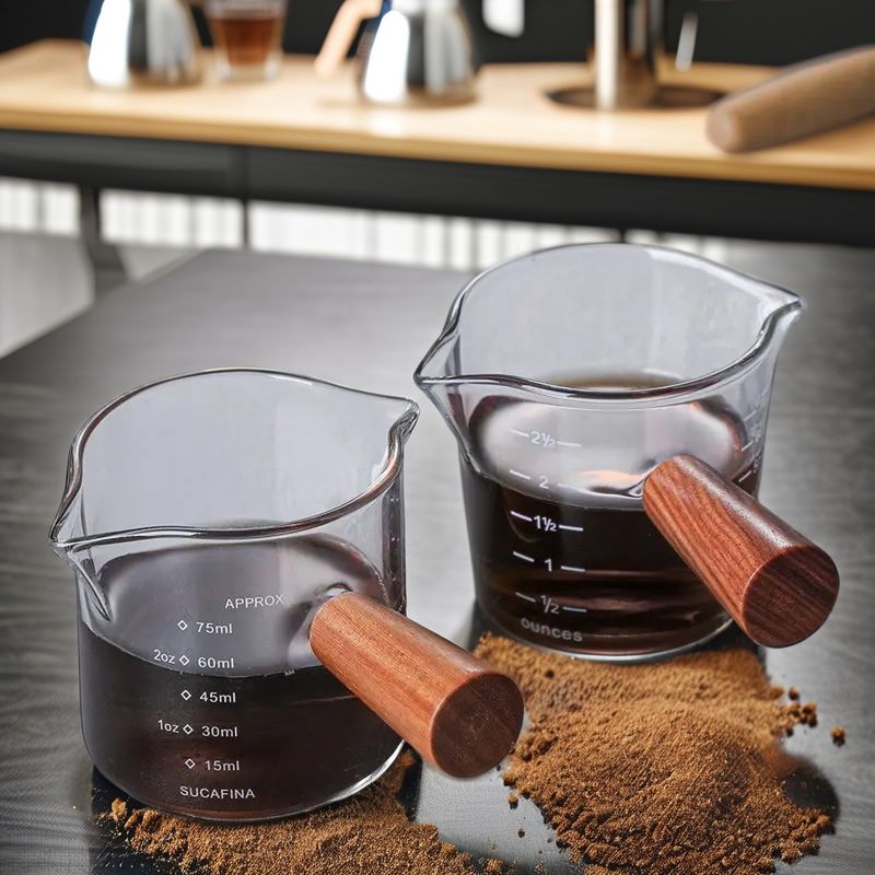 Clear Glass Dispenser Cup with Wooden Handle Double Mouth Coffee/Milk Cup 75ml/150ml