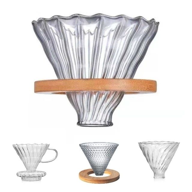 Functional Ceramic Glass Coffee Maker with Wood Bamboo Stand and Metal Plastic Filter