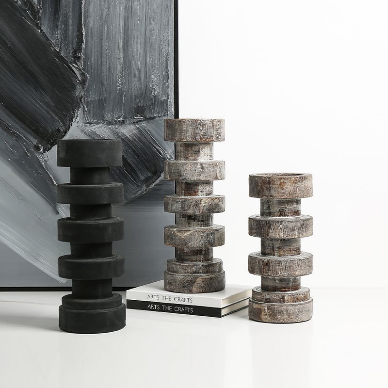 Wabi-sabi Style Ancient Wood Thread Candlestick Featuring Stone Candle for Home Decor